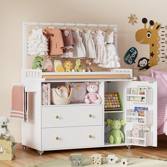 PAKASEPT Baby Changing Table, Infant Diaper Changing Station with Wheels & Wide Table Top & Clothes Rail, Baby Changing Table with Two Drawers and Cabinet for Nursery and Kids
