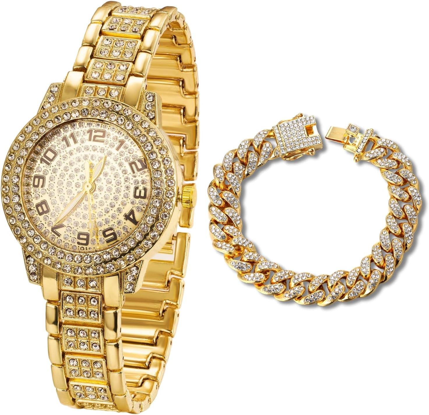 HALUKAKAH Diamonds Watch Iced Out for Boy Teens Kids - 18K Real Gold/Platinum Plated,Arabic Numerals Round Dial,Japanese Quartz - 19.5cm Length - Optional with Cuban Link Chain - for Birthday,Parties