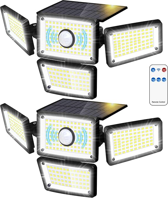 Solar Motion Sensor Outdoor Lights, 4-Head 283 LED, 2-Pack