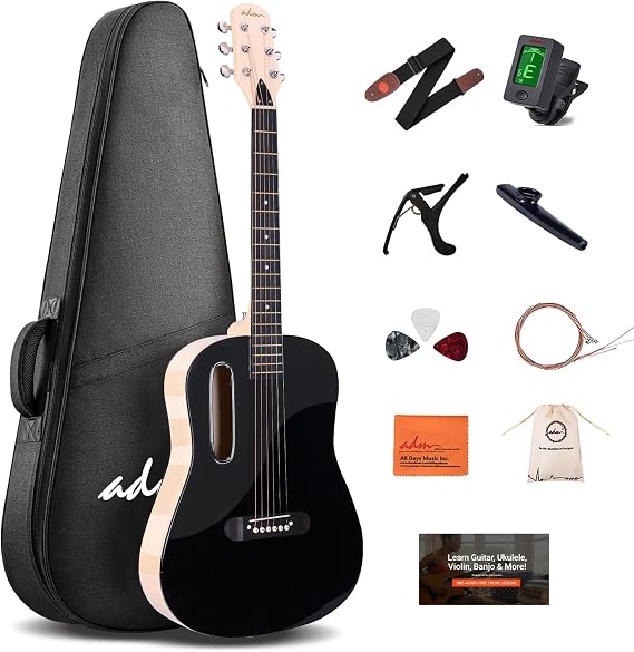 ADM Acoustic Guitar Kits for Beginners Adults - 38" Steel-String Guitars Bundle with Online Lesson Wooden Bowl Guitarra Starter Set Package with Bag, Strap, Picks, Capos, Kazoo, Black