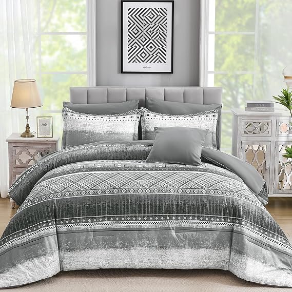 WONGS BEDDING 8 Piece Queen Size Comforter Set, Texture Striped Bed in a Bag Grey Comforter and Sheet Set, Boho Lightweight Microfiber Bedding Set for All Season (90"90")