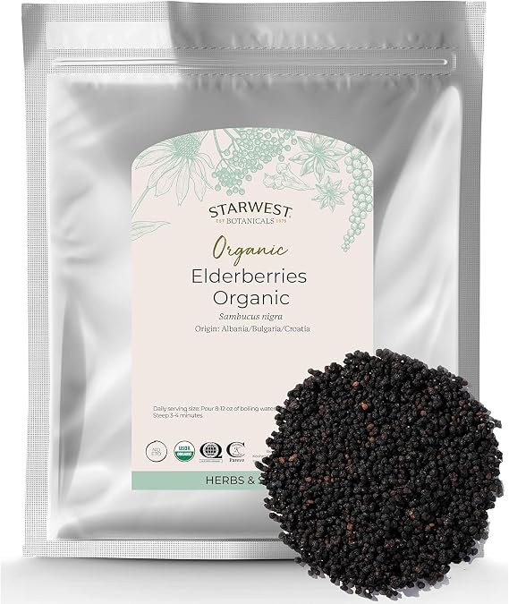 Starwest Botanicals Organic Elderberries for Tea, Non-GMO - Bulk 1 lb Bag | Dried Elderberries for Syrup, Gummies, Jam, Certified Kosher