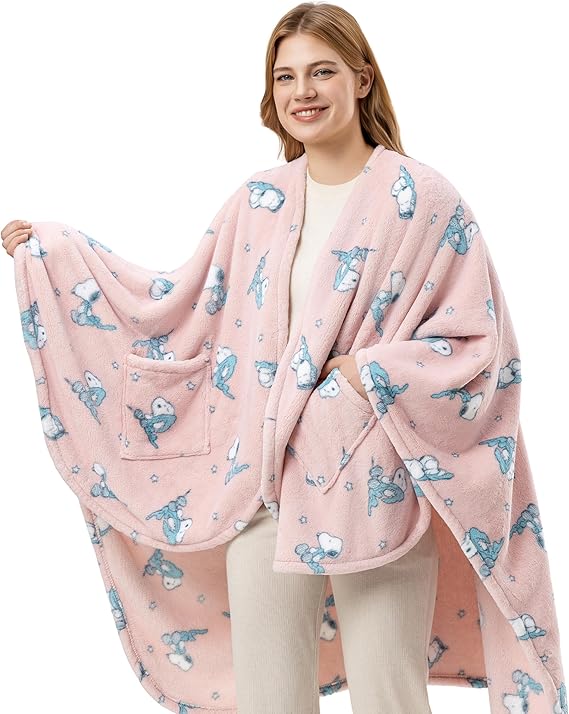 Berkshire Peanuts Wearable Throw Snoopy Print PrimaLushTM Plush Shawl Blanket, 58" x 64"
