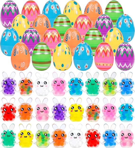 24 Pack Prefilled Easter Eggs with Bunny Mini Squeeze Balls for Kids