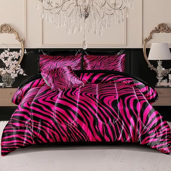 Zebra Print Bedding Set Hot Pink Satin Comforter with Sheets Zebra Stripe Animal Print Africa Wildlife Theme Silk Like Silky Bed in A Bag Black Pink Comforter Sets