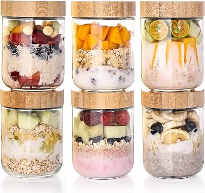 Liuruiyu 6-Pack Overnight Oats Containers with Bamboo Airtight Lids, 16oz Wide Mouth Mason Salad jars, Glass Food Storage Containers for Snacks Sugar Spice Yogurt