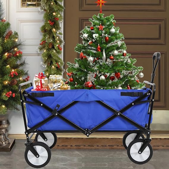 Heavy Duty Foldable Utility Wagon, Blue, 150 lbs Capacity, 4 All-Terrain Wheels, Adjustable Handle, 600D Oxford Cloth, Easy to Disassemble and Clean