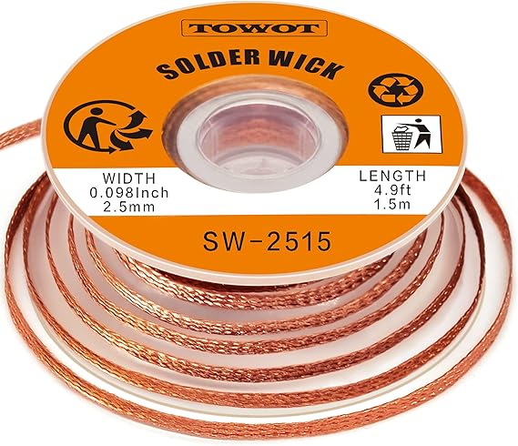 TOWOT Solder Wick Braid with Flux No-Clean Electronic, Desoldering Wick Braid Remover.Desolder Soldering 2.5mm W 0.10'' L 5'