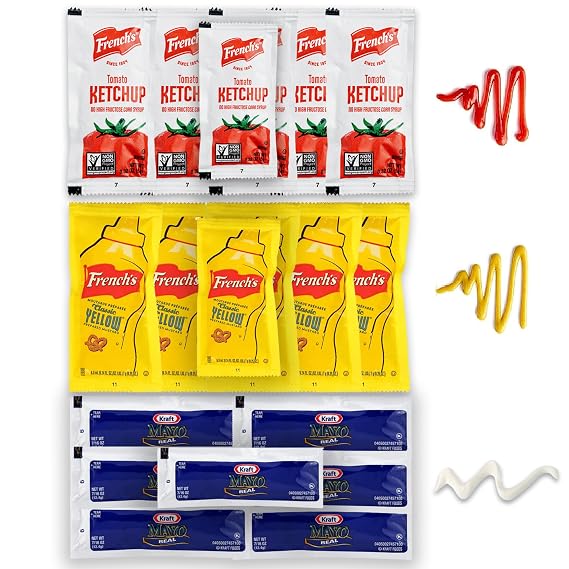 French's Tomato Ketchup -Yellow Mustard Packets and Kraft Real Mayo Mayonnaise - Bulk Pack Kosher 100 Single Serve Grab-n-Go Condiments Pouches for Picnics, Lunch and Travel, HOT DOG, Sandwich - 40 Individual Portions Ketchup, 40 Individual Portions Mustard, 20 individual Portions Mayo Mayonnaise.
