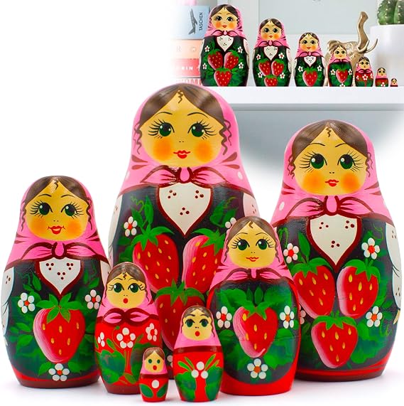 AEVVV Nesting Dolls Set of 7 pcs - Russian Doll in Pink Head Scarf and Sarafan Dress with Hand Painted Strawberry Decorations - Matryoshka Nesting Dolls - Russian Nesting Dolls