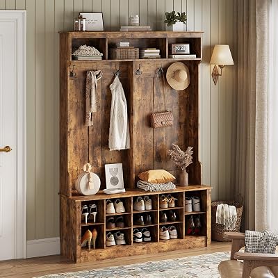 Hall Tree with Bench and Shoe Storage, 53 Farmhouse 4-in-1 Mudroom Storage Organizer with Coat Rack, 6 Hooks, 12 Shoe Cubbies, Adjustable Shelf, for Entryway, Hallway, Living Room, Brown