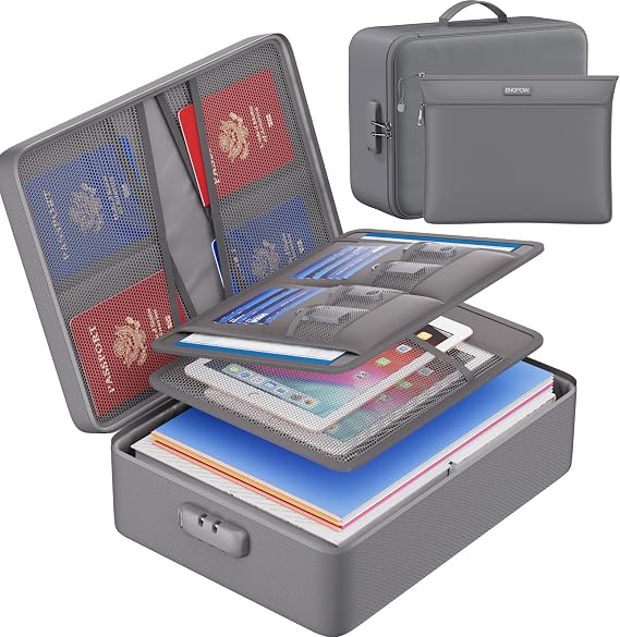 ENGPOW Fireproof Document Bag with Lock, Fireproof&Waterproof File Organizer with Money Bag/Pouch, 5 Layers Protection Fireproof Bag Safe Storage for Important Documents,Passport,Laptop,Cash,Gray