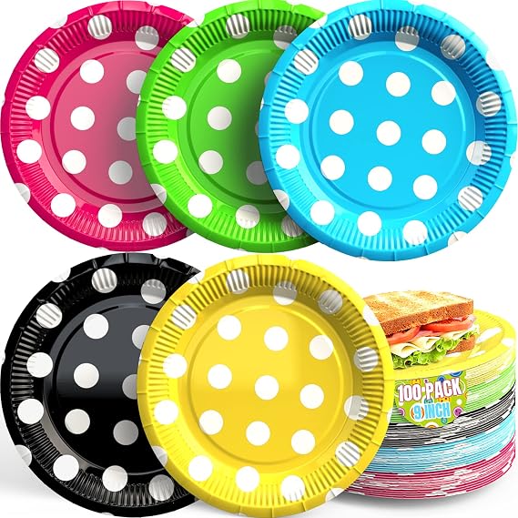 100PCS Disposable Paper Plates 9 inch Paper Plates, Colored Polka Dot Paper Plates, Disposable Plates for Wedding Birthdays Picnic, Reusable Dinner Plates, Bulk Plates for Dessert Cake Appetizer Salad