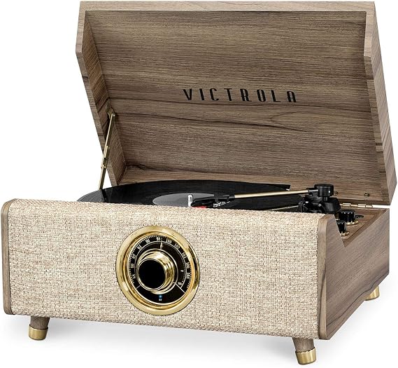 Victrola Highland 4-in-1 Bluetooth Record Player with Speakers 3-Speed Vinyl Record Player, FM Radio & 3.5mm Aux, Wireless Music Streaming (Farmhouse Walnut)