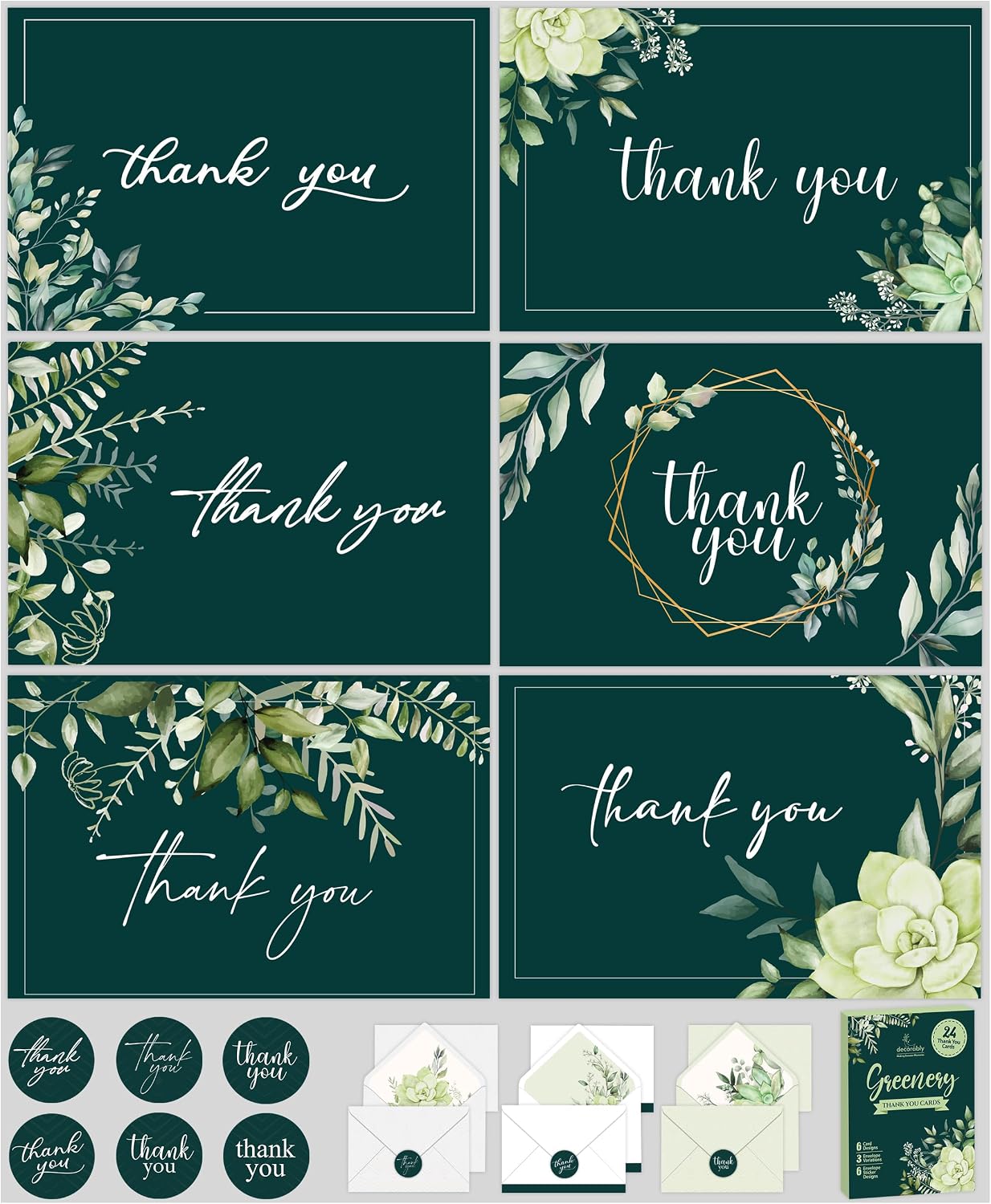 24 Pack Greenery Thank You Cards with Envelopes & Stickers, 6 Designs Blank Inside Thank You Cards with Envelopes Greenery, 6x4in Floral Thank You Cards with Envelopes Green, Classy Thank You Cards