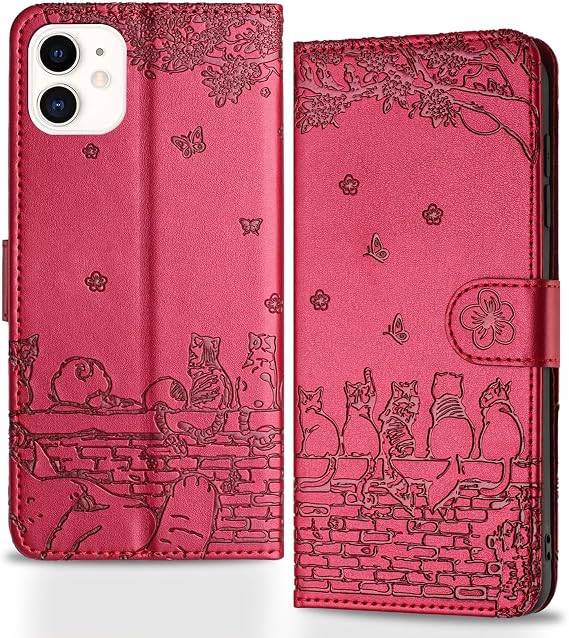 Handyhülle für iPhone 11Zaunkatzen Klappbar HülleGeprägtes PU Leder Wallet Schutzhülle Tasche Flip CaseMagnetische Klapphülle mit Kartenfach StandfunktionMauve/Rot