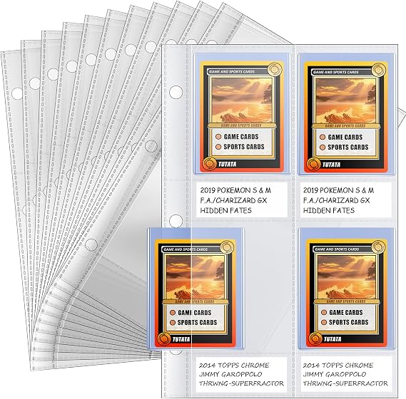 4 Pocket Top Loader Sleeves, Trading Card Binder Pages, Baseball Card Storage Sleeves for 3 Ring Binder-50 Pages