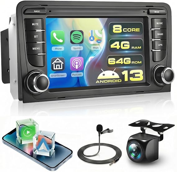 8 CORE 4G+64G Car Radio Stereo for Audi A3 S3 with Wireless CarPlay/Android Auto,7 Inch IPS Touch Screen 32-Band DSP Android 13 GPS WiFi Bluetooth HD Backup Camera