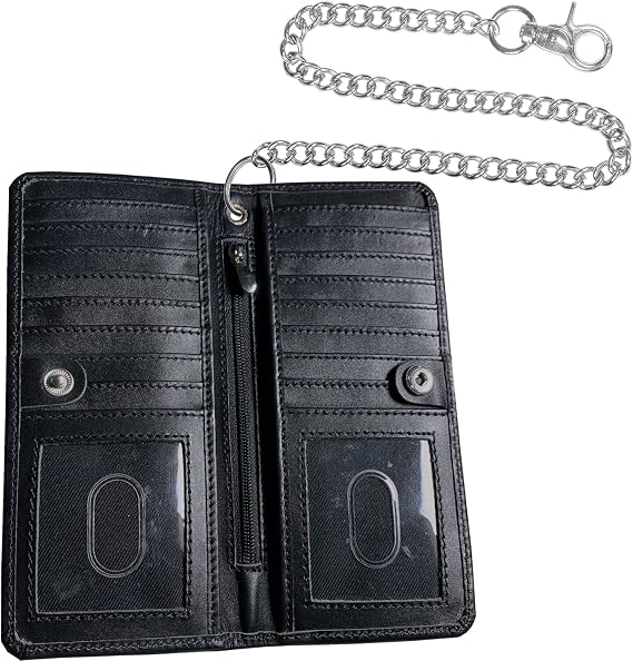 CLASSIC Motorcycle Chain Wallet for Men Premium Cowhide Leather, RFID Bi-Fold Biker Wallet with Heavy Duty Chain for Bikers Truckers & Hunters, Credit Card Money Organizer Long Wallet Aniline Black