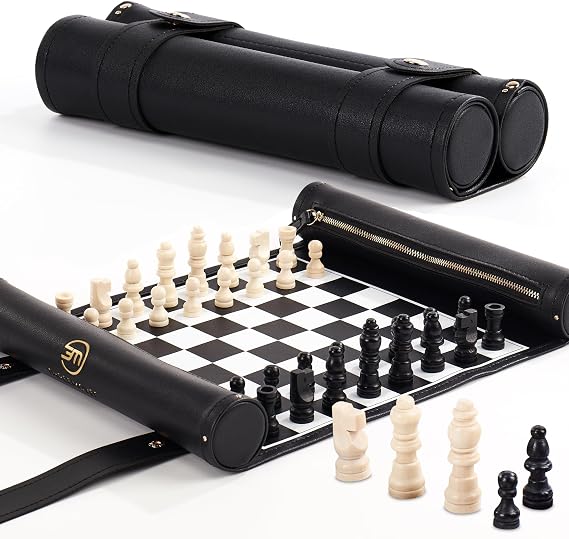 Roll Up Chess Set - Foldable Leather Chess Mat with Chess Pieces - Portable Travel Chess Set with Straps - Perfect Chess Game for Airplane, Camping, and more (Black/White)