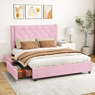 Full Size Upholstered Bed Frame with 4 Drawers Storage Metal Platform Headboard Wood Slats No Box Spring Required for Homes Hotels Hostels Pink