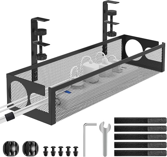 RERLYING Under Desk Cable Management Tray No Drilling, No Damage to Desk, Metal Mesh Cable Tray with Clamp for Desk, Under Desk Storage Cable Raceways for Office, Home, Black, 1 Pack