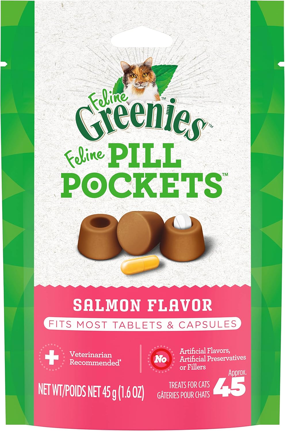 Greenies Feline Pill Pockets for Cats Natural Soft Cat Treats, Salmon Flavor, 1.6 oz. Pack 45 Treats