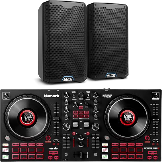 Numark Mixtrack Platinum FX DJ Controller and ALTO TS408 Powered PA Speakers Pair for Live Music, DJ sets, Events, Music production