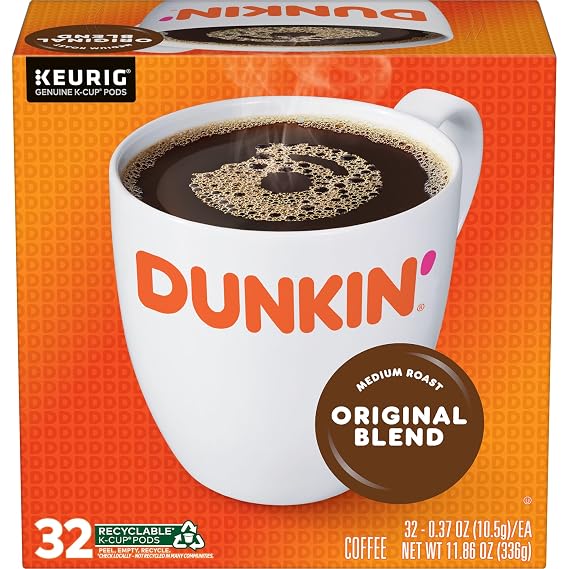 Dunkin Original Blend Medium Roast Coffee, Keurig K-Cup Pods, 32 Count Box