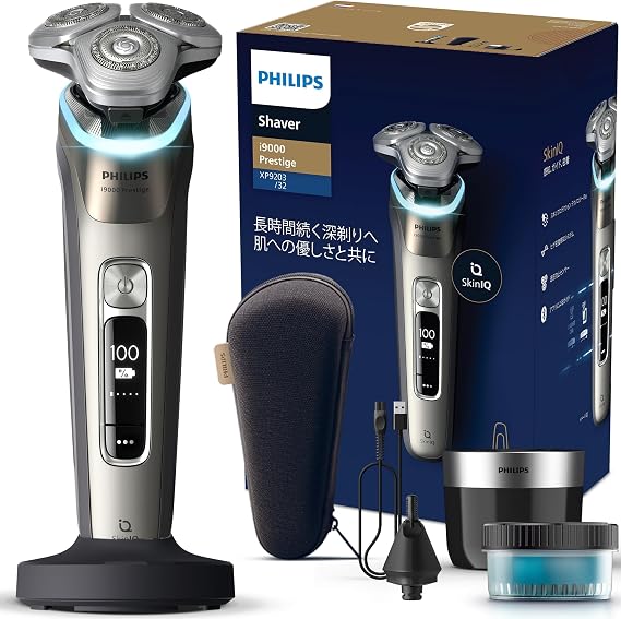 Gentle on SkinPhilips Electric Shaver i9000 Prestige Model with Cleaning Machine, Electric Beard Shaver for Men 72 Blades, Revolving Type Silver Gold XP9203/32 Exclusive