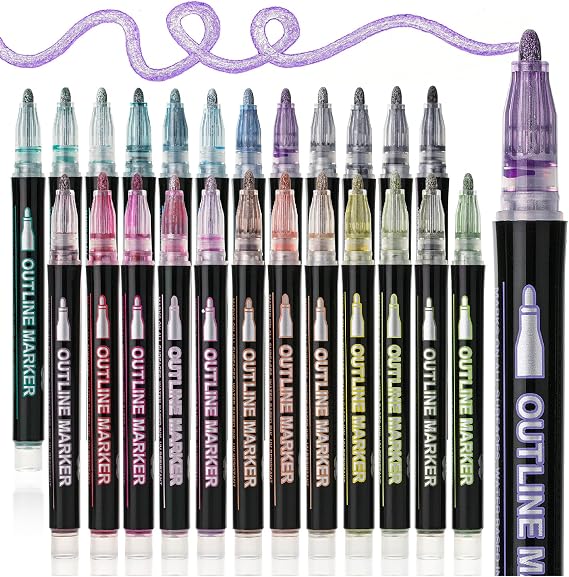 Mr. Pen- Double Line Outline Markers, 24 Pack, Metallic Colors | Squiggles Shimmer Outline Pens, Craft Markers for Drawing, Doodling, Card Making and DIY Projects