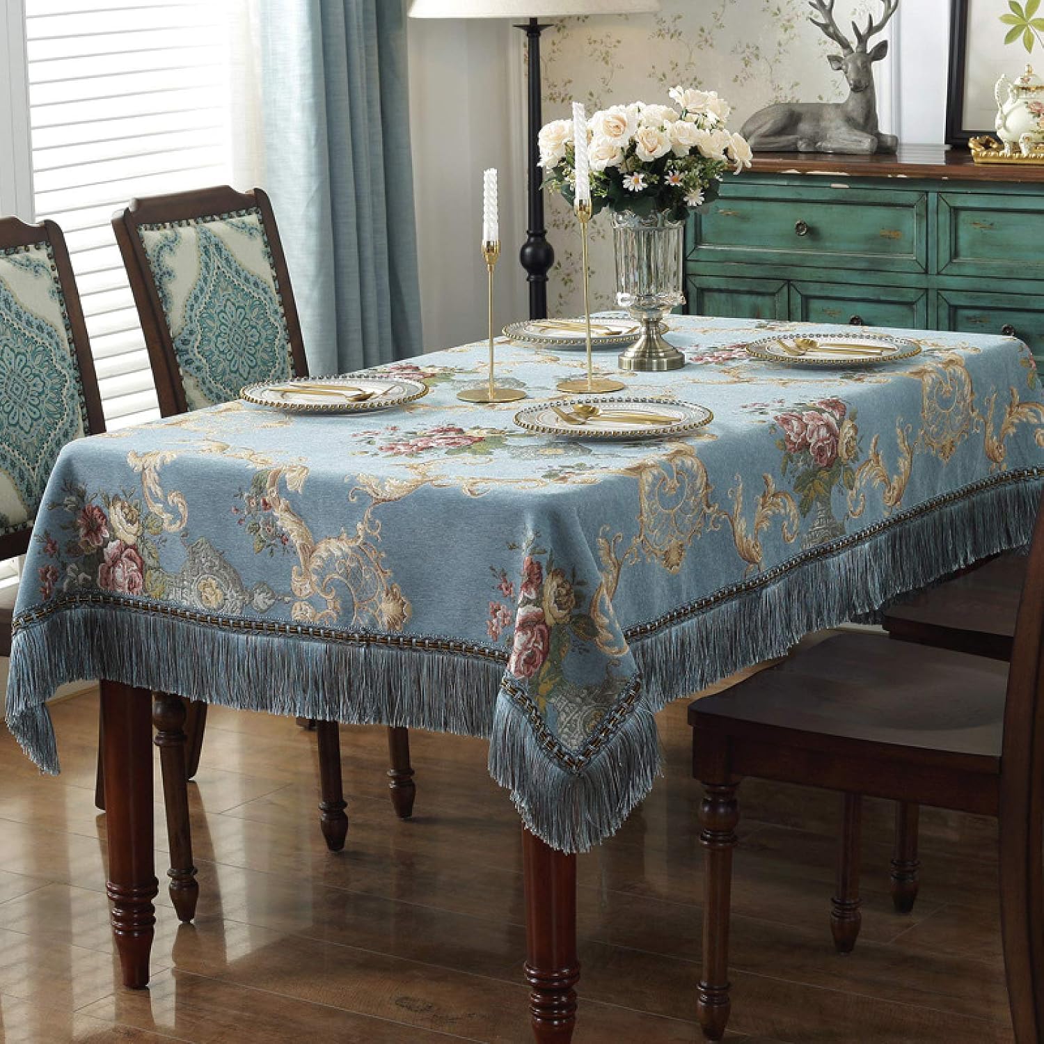Chenille Table Cloth Fringed Lace Tablecloths Washable, Table Cover for Kitchen Dinning Party,vintage Style,Blue-140 * 200cm（55 * 78.7inch）