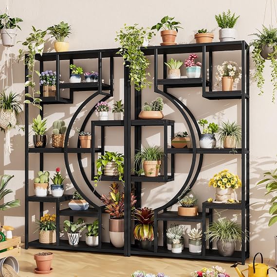 HolliWill 70.8" Tall Bookshelves Set of 2, 79" W Geometric Display Shelf with 18 Open Storage Shelves, Black Book Shelf for Living Room, Office, Bedroom Metal Frame & Anti-Tip & Adjustable Feet