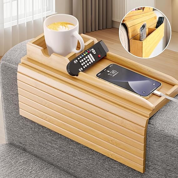 Sofa Arm Tray, cupeohome Foldable Anti-Slip Wooden Couch Armrest Tray with Side Storage Pocket and Phone Holder, Square Sofa Armrest Table for Drinks, Snack, Magazine, and Remote