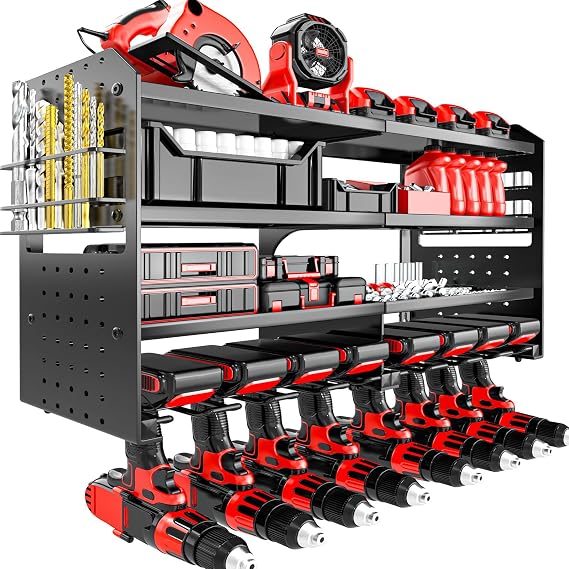 Power Tool Organizer Wall Mount, Metal Power Tool Storage Rack with Screwdriver Holder, Garage Tool Storage Shelves with Screwdriver Holder (Black, 8 Drill)