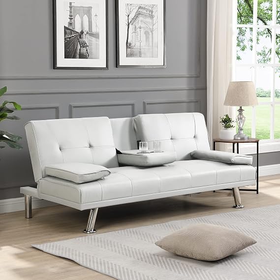 Modern Upholstered Convertible Folding Futon Sofa Bed, Convertible Sleeper Sofa, Couch, Loveseat with Metal Legs,2 Cupholders,Removable Armrests for Compact Living Space (White)