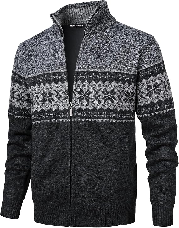 Men's Full Zip Cardigan Snowflakes Pattern Sweater Knitted Cardigan with Pockets for Casual Christmas