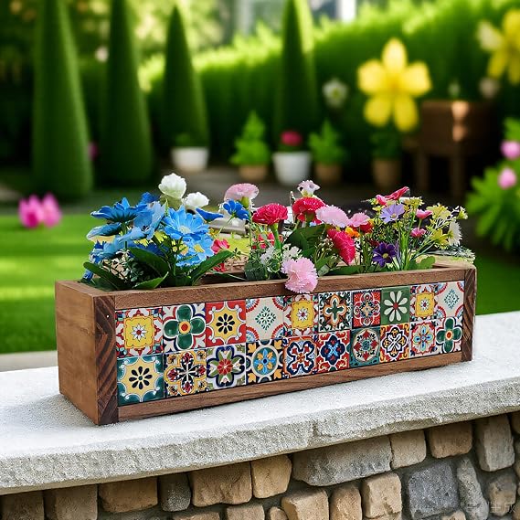 Moroccan Mexican Decorative Box with Real Mosaic Tiles on Two Sides, Table Centerpiece Box, Wood Planter Box, L20.5 X W5.6 X H4.6