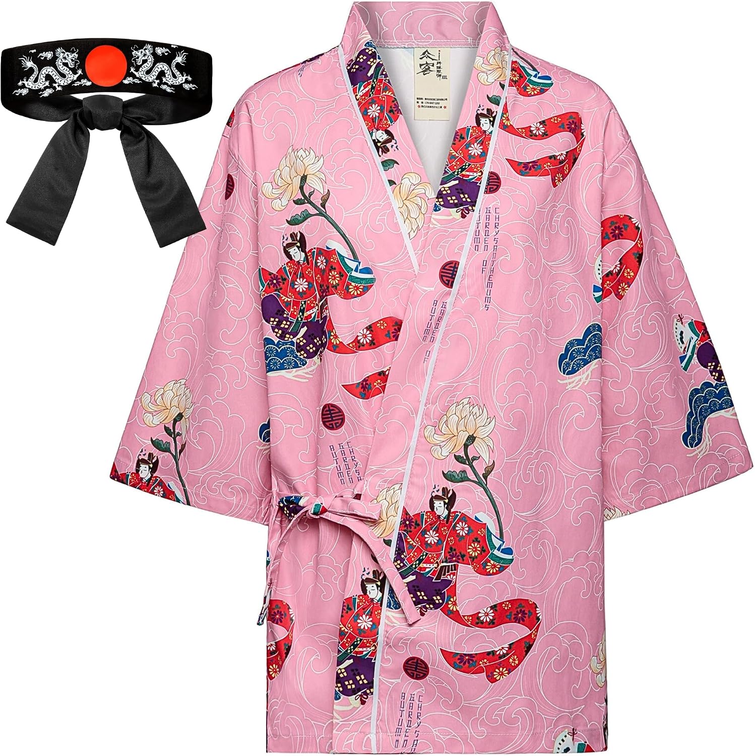 Japanese Sushi Restaurant Chef Coat Uniforms, 34 Sleeve Kimono Floral Workwear Jacket with Dragon Black Headband