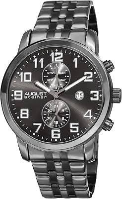 August Steiner Mens Multifunction Watch - 2 Subdials with Date Window with Large Luminous Arabic Numerals On Stainless Steel Bracelet - AS8175