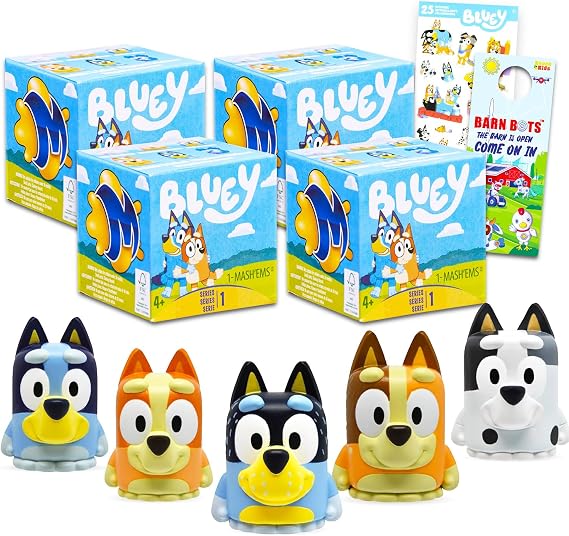 Bluey Blind Box Party Favors - Bundle with 4 Mash'Ems Blind Box Mini Figures Mystery Toys Plus Stickers, More | Bluey Figurines for Kids, Boys, Girls