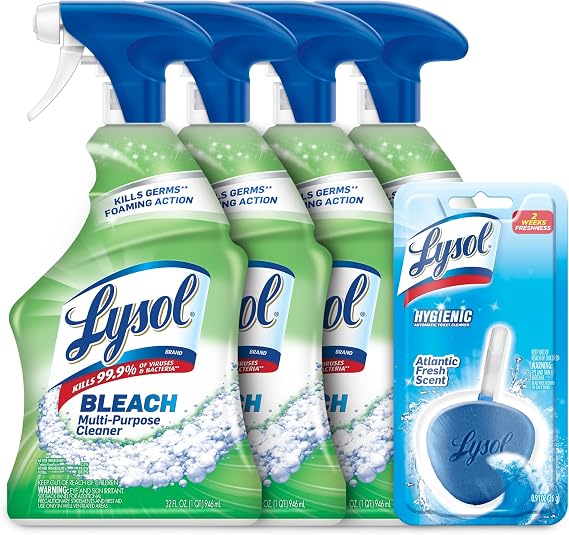 Lysol All Purpose Cleaner with Bleach, 32 Fl Oz (Pack of 4) - With 1ct Auto In-The-Bowl Toilet Cleaner, Atlantic Fresh
