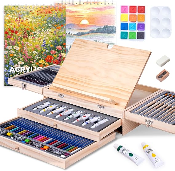 TMOL 85 Piece Deluxe Wooden Art Supplies, Art Kit with Easel, Sketching Pencils, Artist Brushes and Acrylic Pad, Art Set for Teens, Adults and Artist Beginners, Creative Gift with Wooden Case