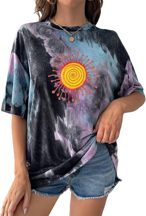 Remidoo Women's Casual Oversized T Shirt Short Sleeve Graphic Tee Letter Tie Dye Shirts
