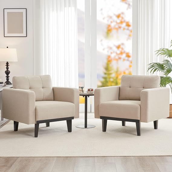 Mid-Century Modern Cream Accent Chair Set of 2, Oversized Upholstered Single Sofa Chair with Wood Base and Wood Legs, Comfy Living Room Armchairs for Apartment Bedroom Office Study, Ivory/Beige