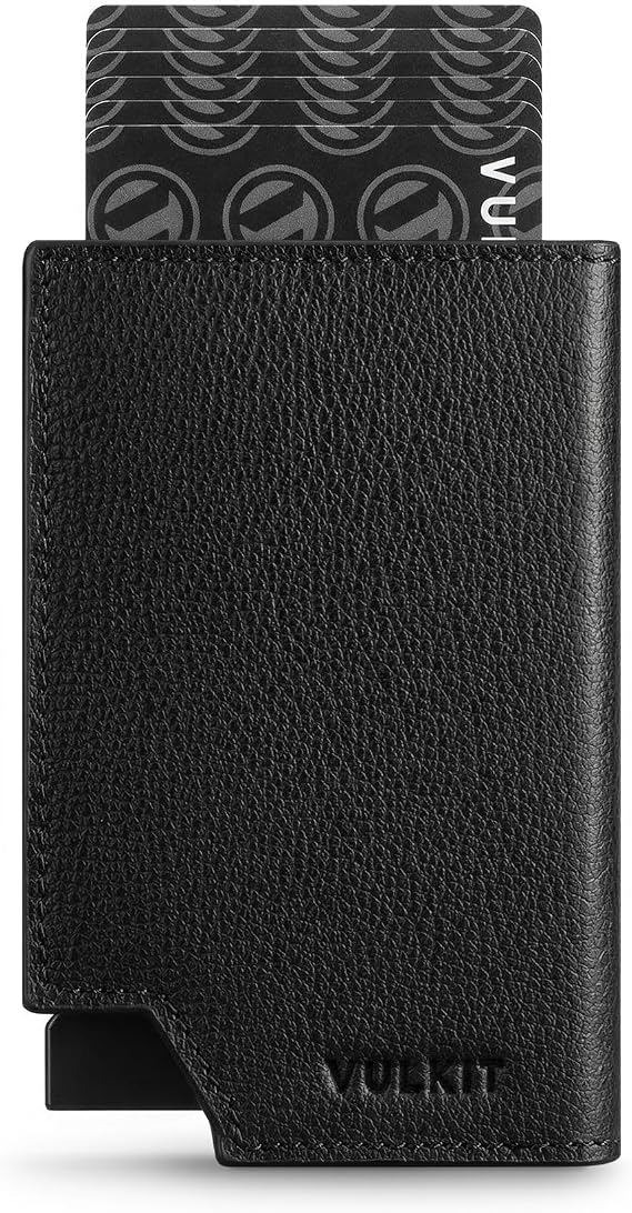 VULKIT Men's Wallet Top Grain Leather Minimalist Pop Up Card Holder RFID Blocking Magnetic Closure Leather Wallet with ID Window for Cash & Credit Cards Up To 11 Cards