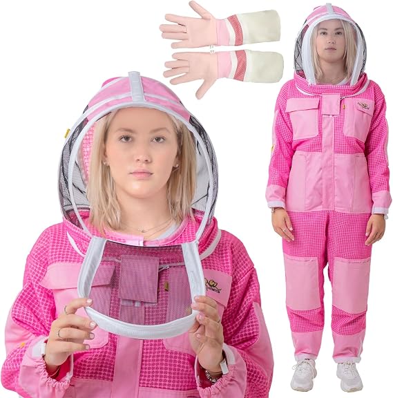 Pink 3 Layer Ventilated Bee Suit for Women | Sting Proof Beekeeping Suit with Fencing Veil, Gloves & Air Mesh Protective Gear (XXS)