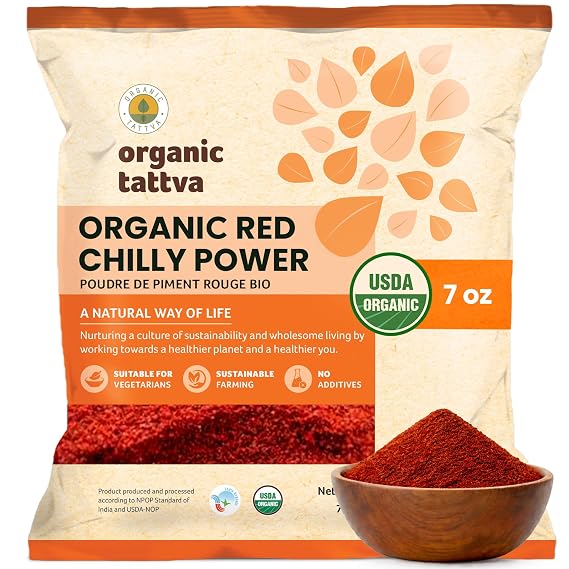Organic Tattva Red Chili Powder, 7 oz, Pure Hot Chili Spice, USDA Certified | Cold Ground, With Natural Oils, Aroma & Color, Additives & Chemical Free, Ideal For Grilling, Seasoning & Everyday Cooking