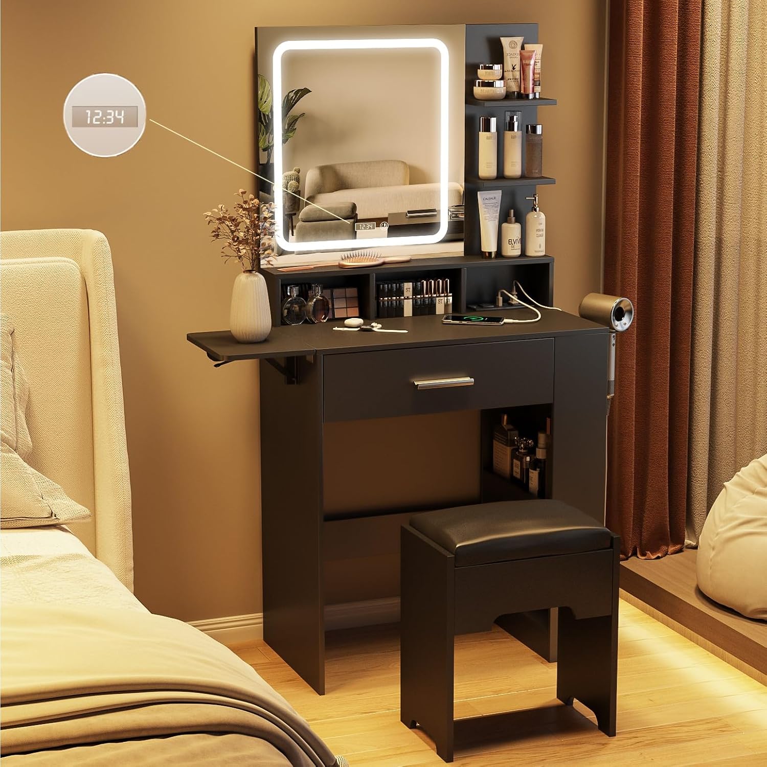 Fameill Mini Vanity Desk with Mirror Lighted Vanity Table with Drawers and Storage Shelves Black Dresser Table with Charging Station Time Display Chair for Bedroom