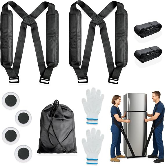 Moving Straps, 2-Person Lifting and Moving System Adjustable Shoulder Dolly for Moving Furniture, Appliances, and Goods - Complete with Non-Slip Gloves, Furniture Sliders, and Carrying Bag